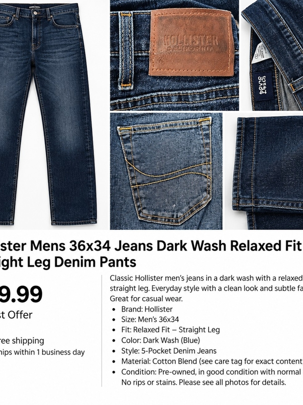 Hollister Dark Blue Relaxed Fit Men’s Jeans Bootcut 36 X 34